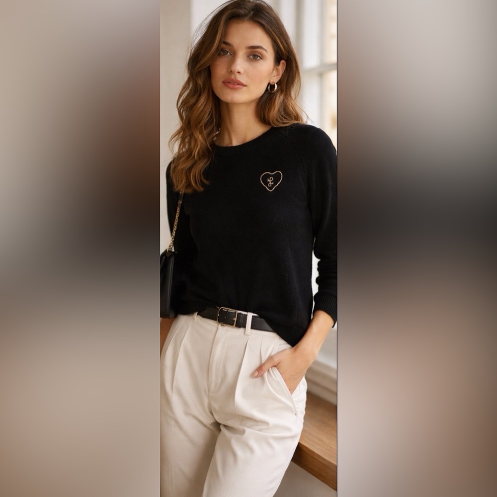 Lingua Franca Black Cashmere Sweater Small Embroidered Heart Logo Crewneck‎